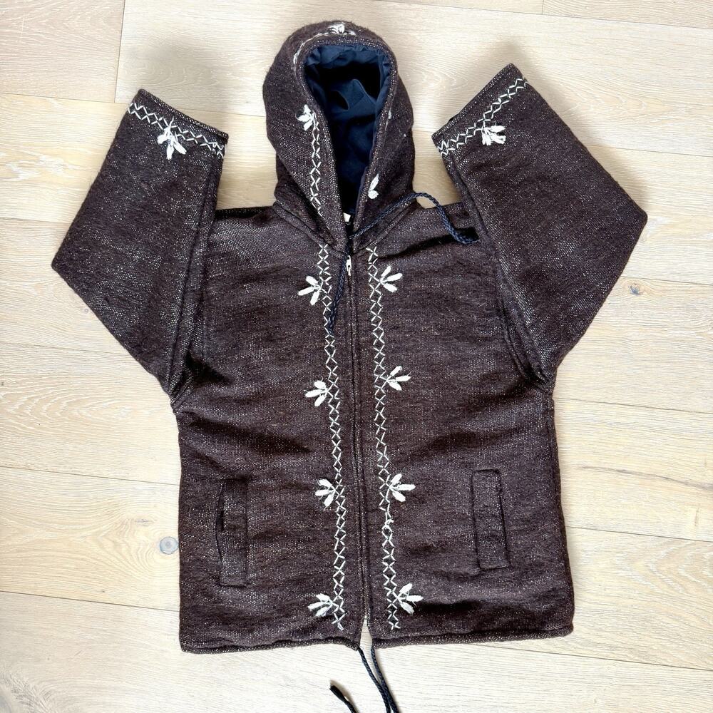 Vintage Brown Embroidered Wool Coat Women's S Full Zip Jacket Hooded